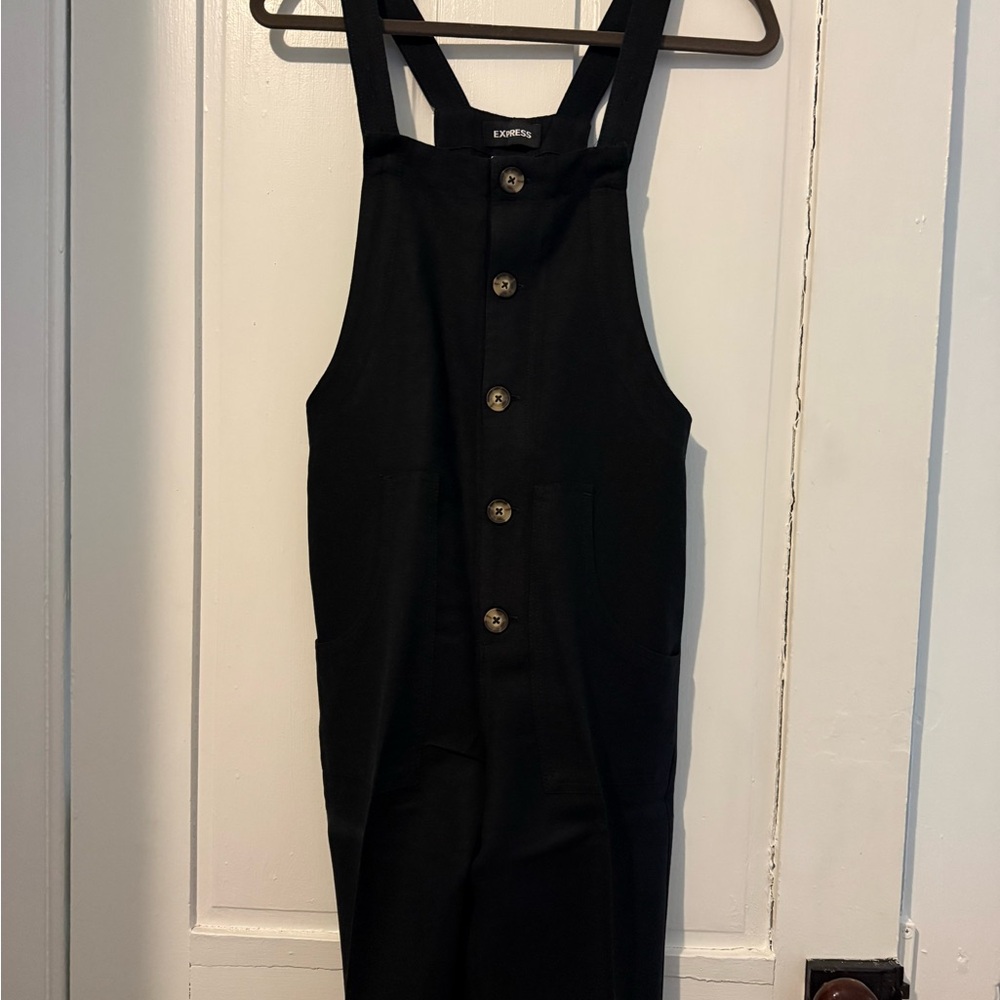 Black linen button down overalls